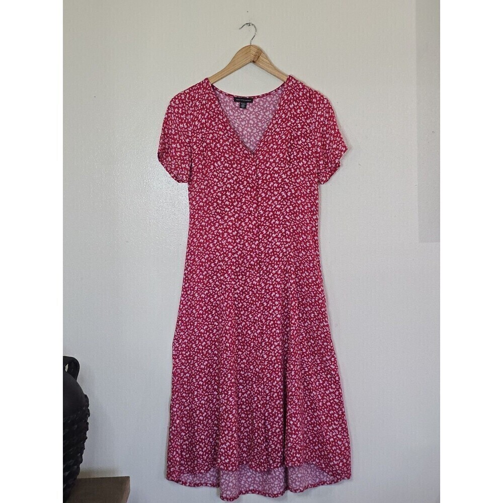 Saks Fifth Avenue Red Ditsy Floral Midi Dress V Neck Tie Back Boho Size 2 - Picture 7 of 12